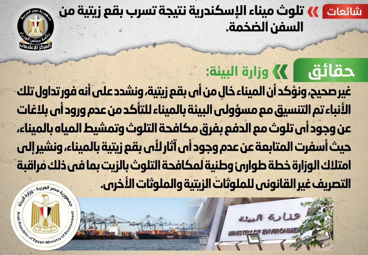 الحكومة تنفى تلوث ميناء الإسكندرية نتيجة تسرب بقع زيتية من السفن الضخمة