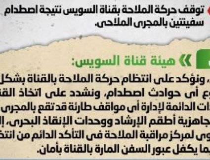 الحكومة تنفى توقف حركة الملاحة بقناة السويس نتيجة اصطدام سفينتين